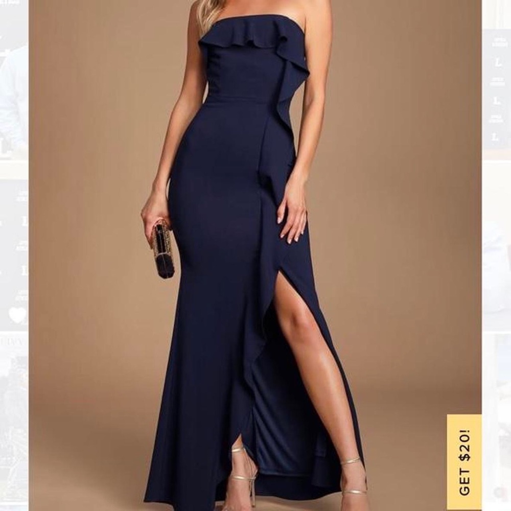 LuLu’s Valerie Navy Blue Ruffled Strapless Maxi Dress